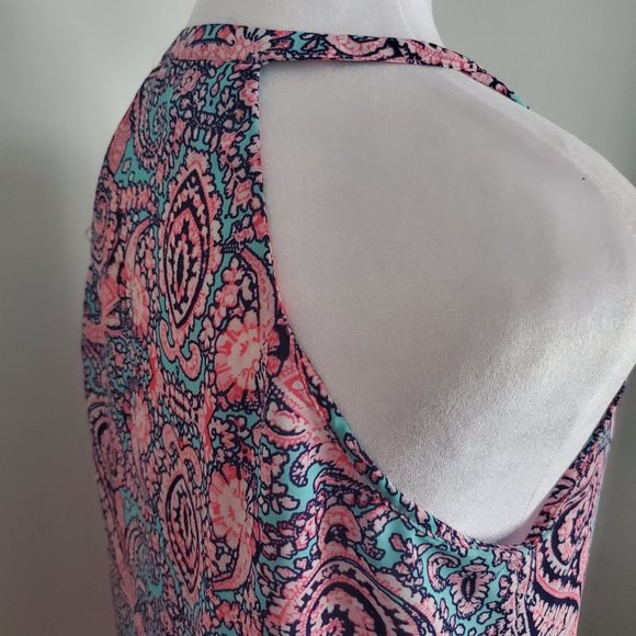 3/$15 Women's Halter Blouse Racer Back Pink & Teal Blue Paisley Beachy - Picture 5 of 6